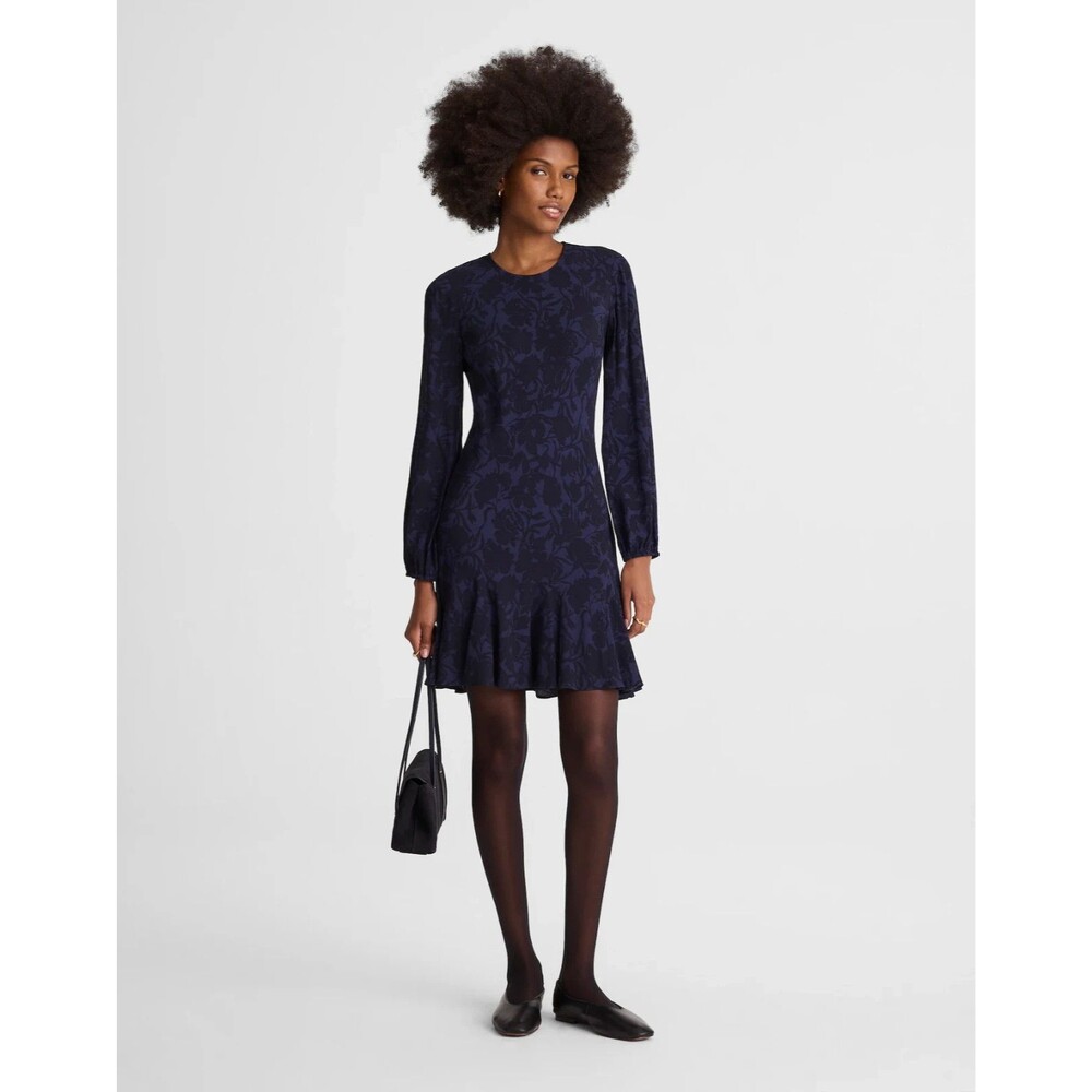 MADEWELL Puff-Sleeve Flare Mini Dress 6 Alexis Floral Navy Crepe Smock NWT B56